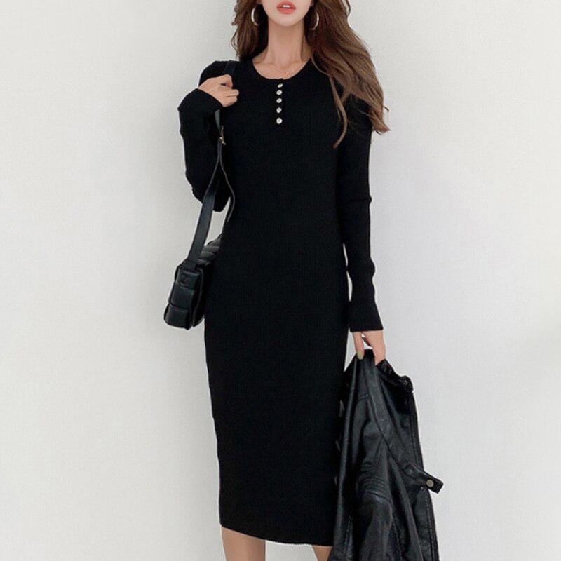 Button Up Knit Bodycon Midi Dress - MomyMall BLACK / ONE SIZE