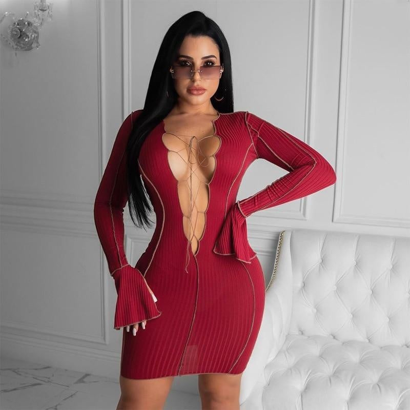 Lace Up Ribbed Long Sleeve Bodycon Mini Dress