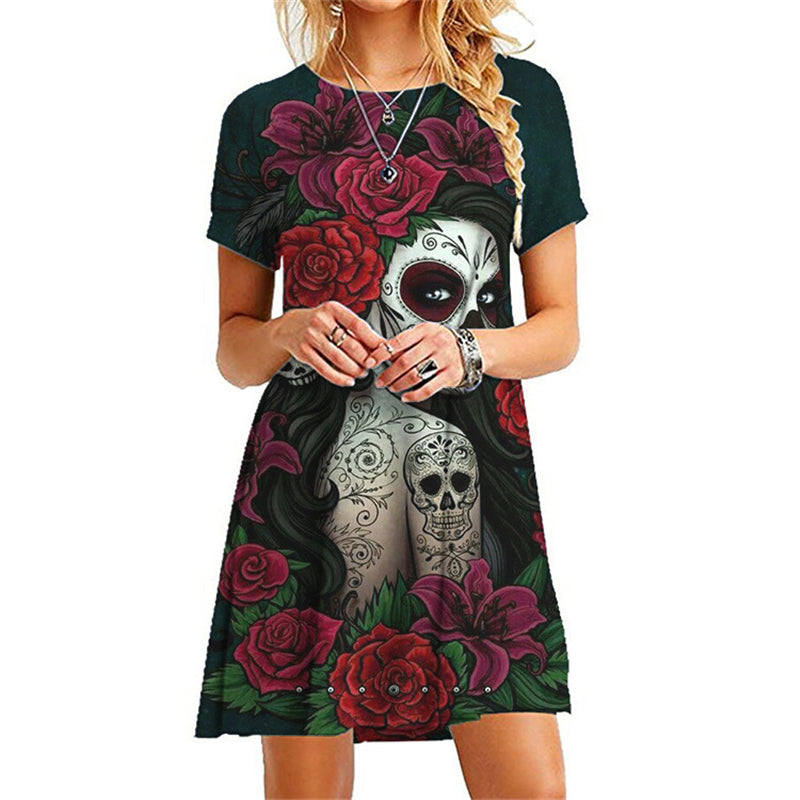 Halloween 3D Creative Print Skull Pattern Dress - MomyMall