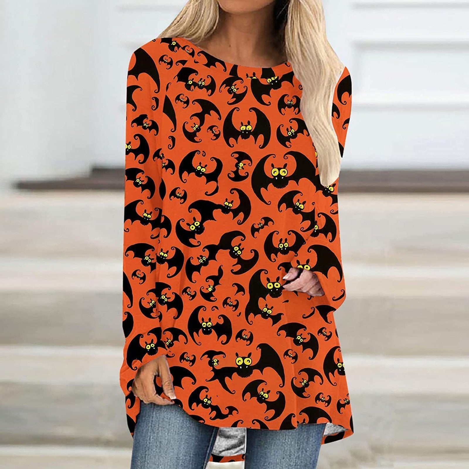 Long Sleeve Crew Neck Pumpkin Cat Printed T Shirt - MomyMall Red / S