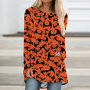 Long Sleeve Crew Neck Pumpkin Cat Printed T Shirt - MomyMall Red / S