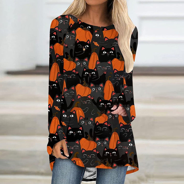 Long Sleeve Crew Neck Pumpkin Cat Printed T Shirt - MomyMall Black / S