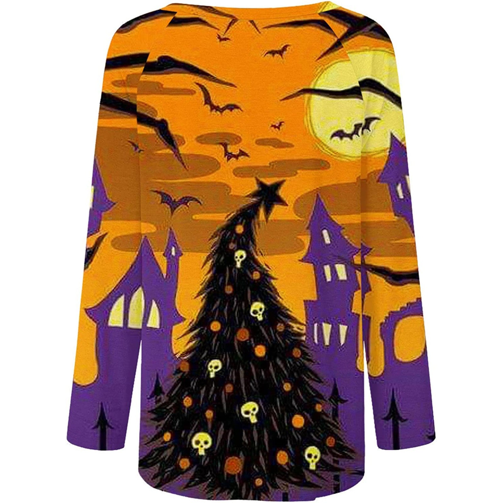 Long Sleeve Crew Neck Pumpkin Cat Printed T Shirt - MomyMall