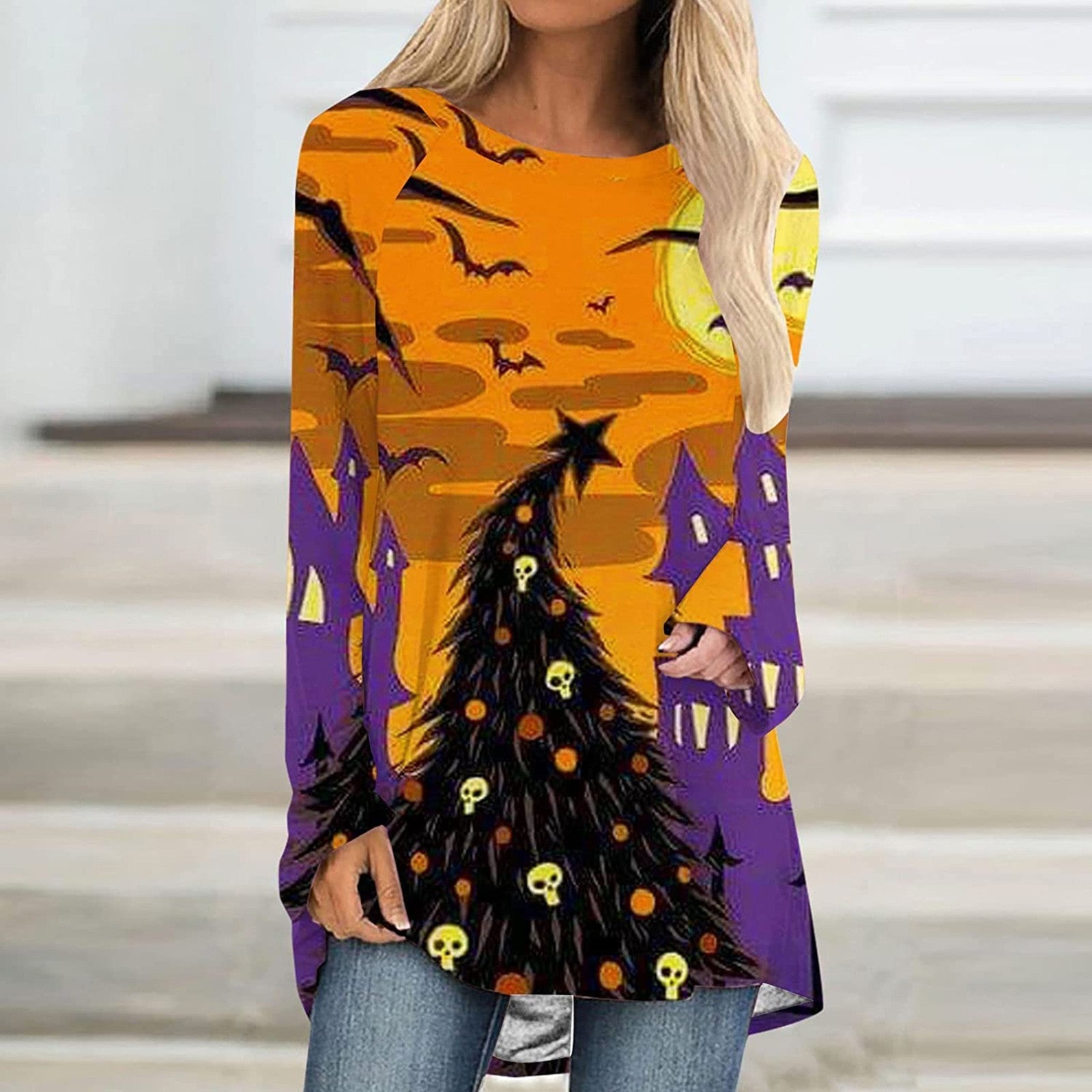 Long Sleeve Crew Neck Pumpkin Cat Printed T Shirt - MomyMall Orange / S