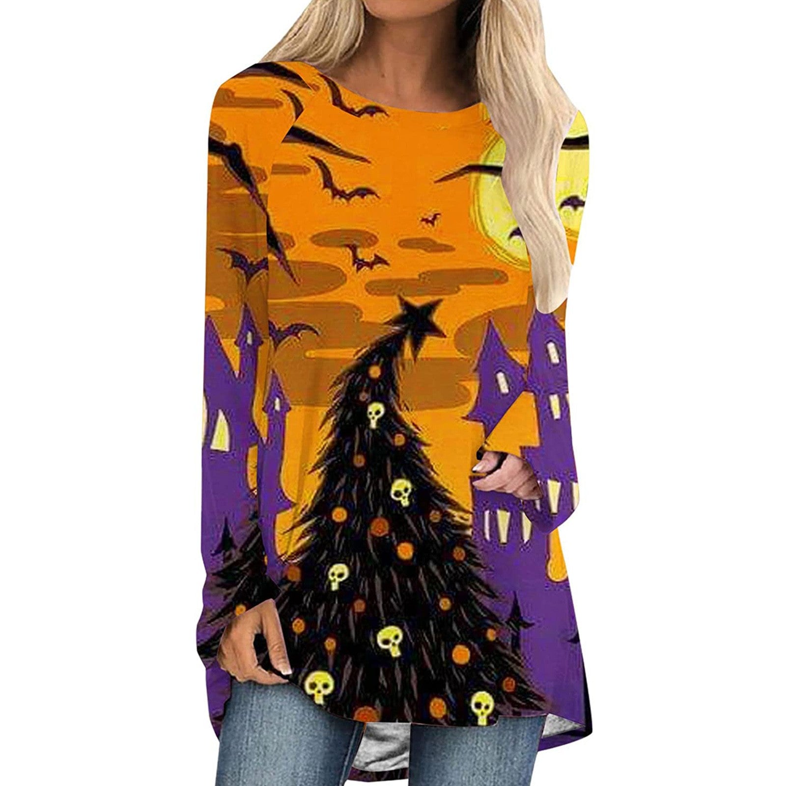 Long Sleeve Crew Neck Pumpkin Cat Printed T Shirt - MomyMall