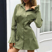 Flare Sleeve A-Line Shirt Dress - Button Up Mini Dress - MomyMall GREEN / S
