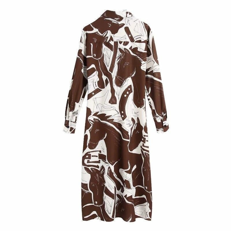 Printed Button Trough Long Sleeve Midi Dress