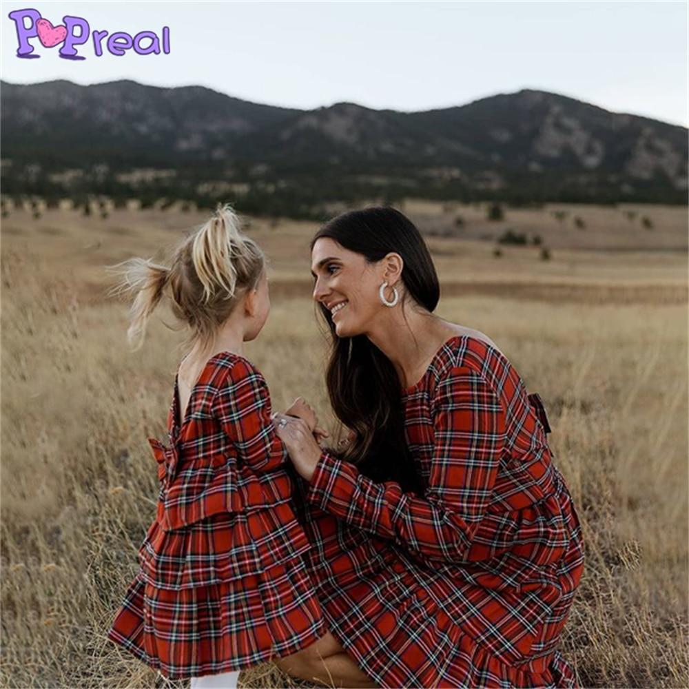 Family Matching Parent-Child Fashion Plaid Print Bow Dresses - MomyMall