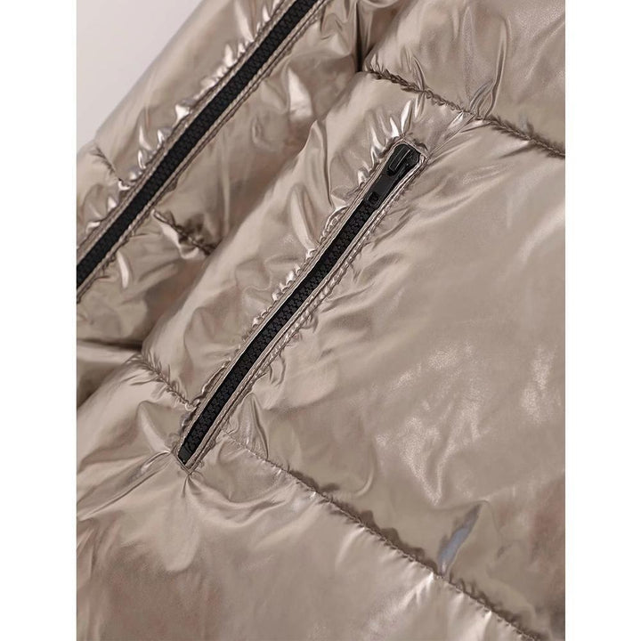 Hooded Metallic Puffer Jacket With Zipper Detailing & Pockets