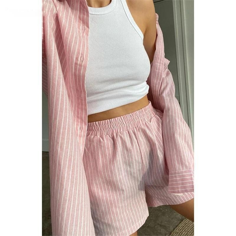 Oversized Striped Long Sleeve Shirt & Shorts Pyjama Set