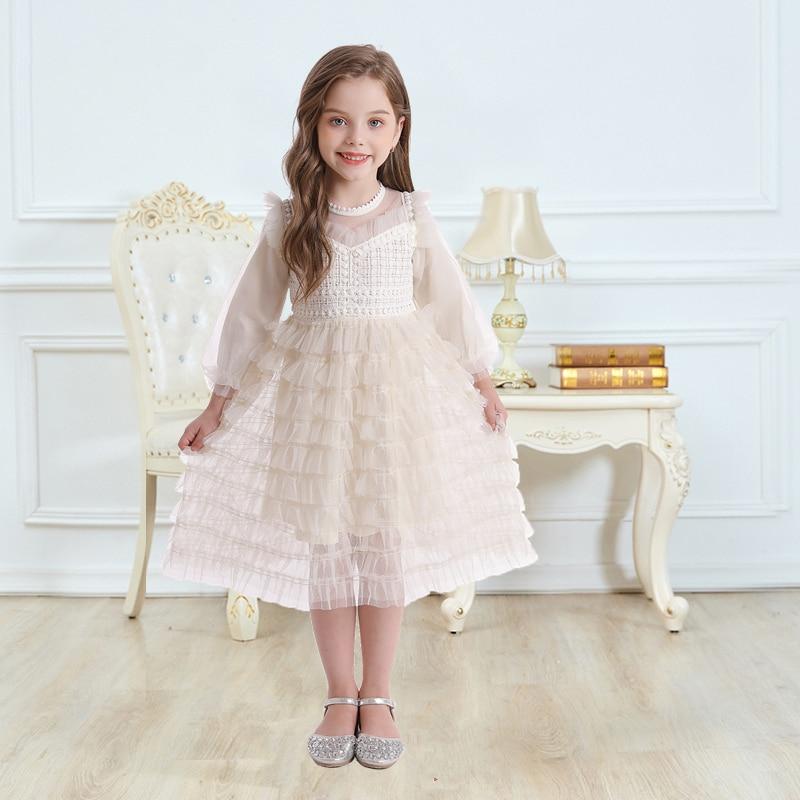 Girls Wedding Lace Long Sleeve Fairy Banquet Autumn Elegant Princess Dresses - MomyMall