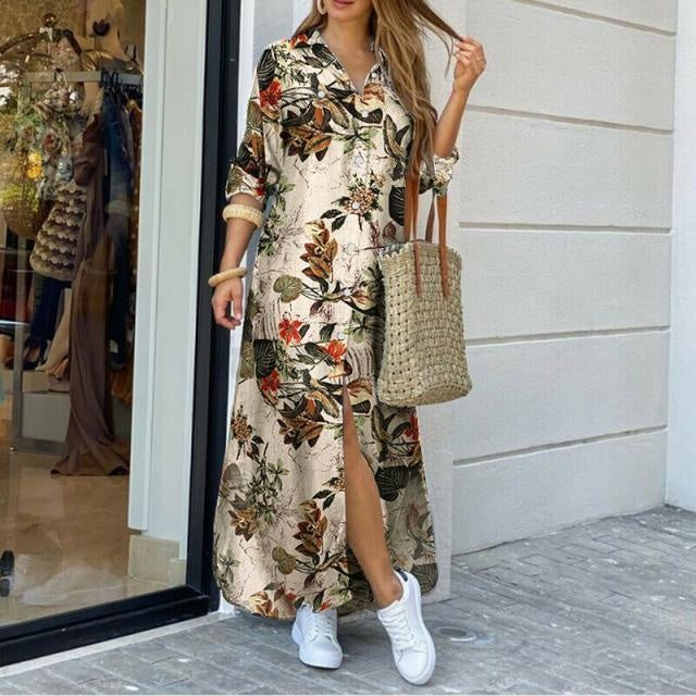 Floral Print Long Sleeve Plus Size Maxi Shirt Dress - MomyMall BROWN / S