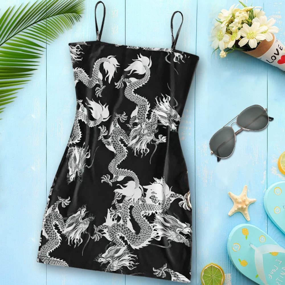 Spaghetti Strap Dragon Print Mini Dress - MomyMall