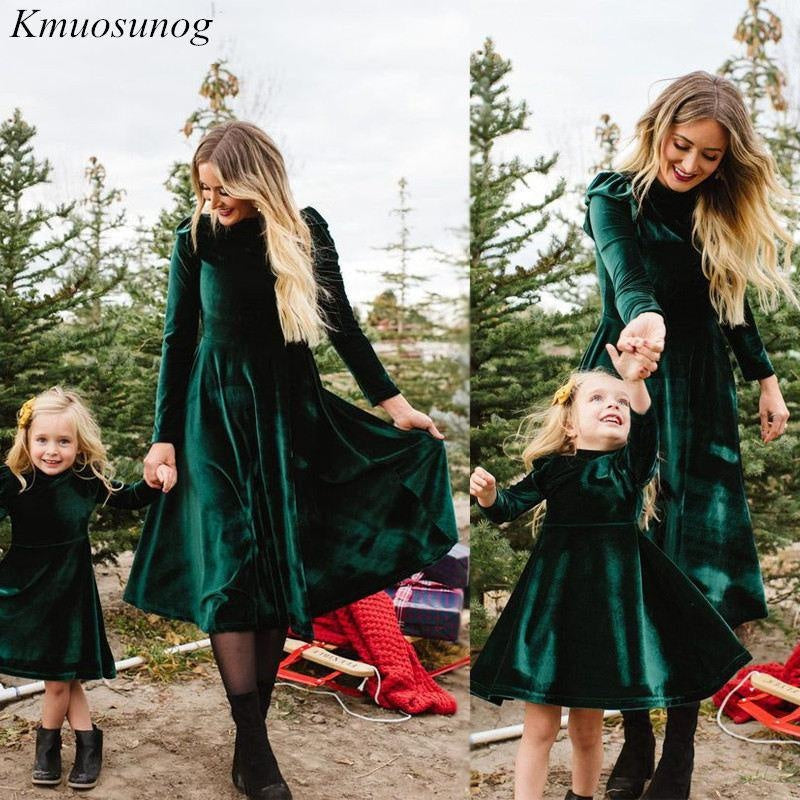 Autumn Mom Daughter Dress Solid Long Sleeve Family Matching Outfits - MomyMall