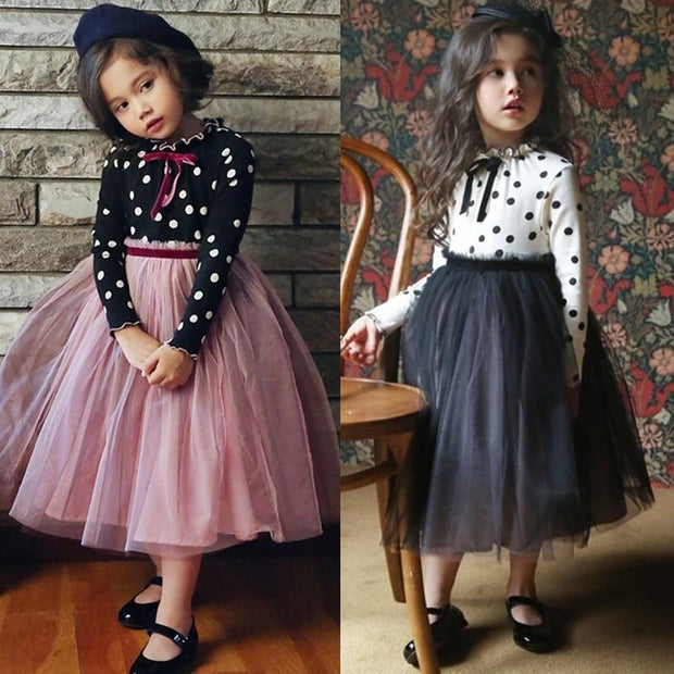 Girls Dress Polka Dots Winter Cotton Patchwork Mesh Dresses 2-8 Years - MomyMall