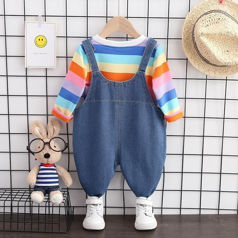 Kids Boy Girl Autumn Cotton Stripe Jacket Denim Bib 2Pcs/sets - MomyMall