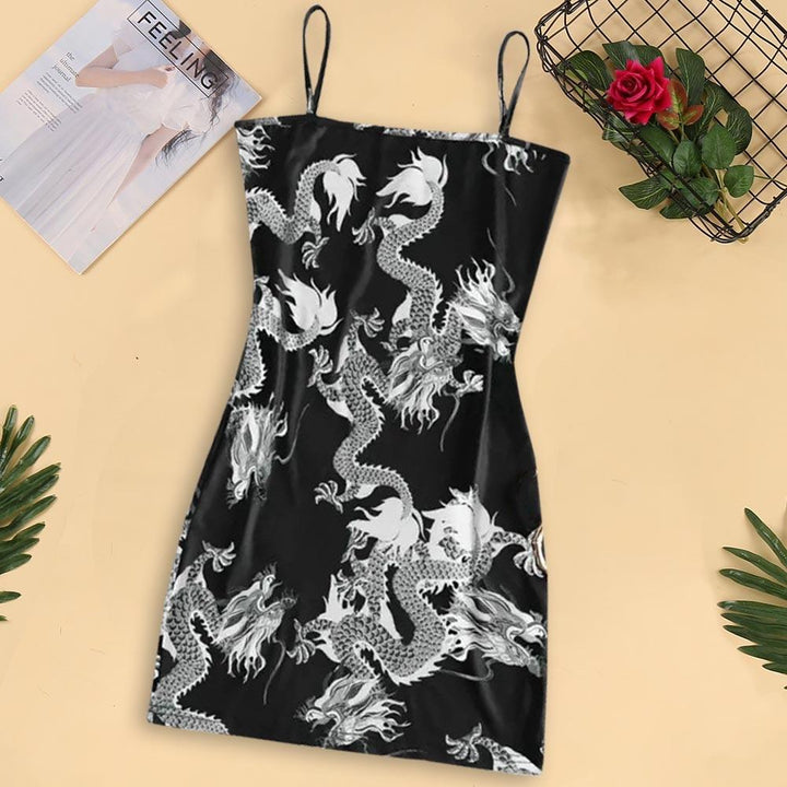 Spaghetti Strap Dragon Print Mini Dress - MomyMall