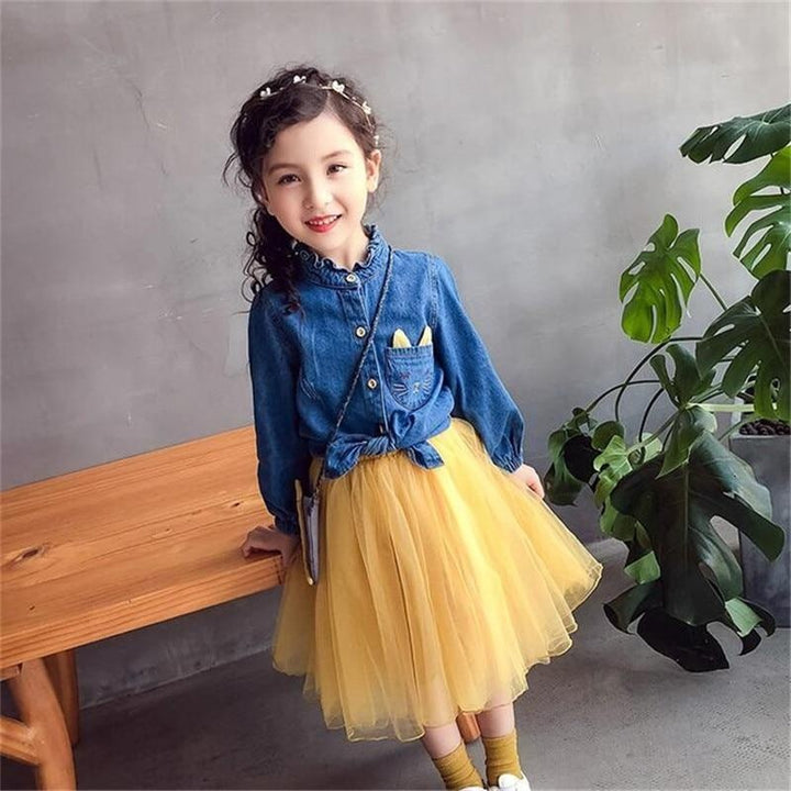 Girls Dress Denim Embroidered Tops+Tutu Skirt 2 Pcs 2-7Years