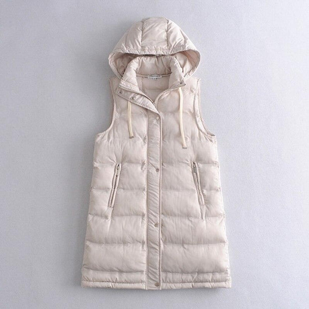 Mid-Thigh Down Puffer Jacket With Drawstring Hood