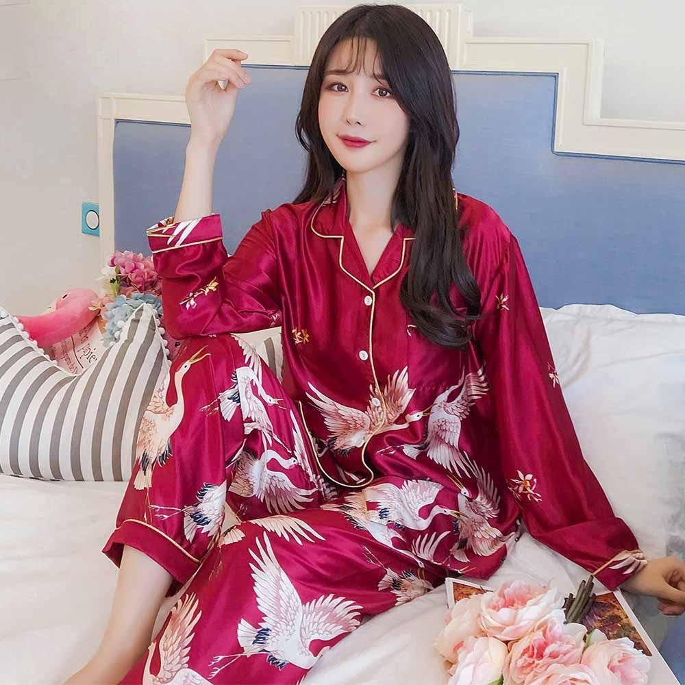 Plus Size Satin Printed 2 Piece Piped Pyjamas - MomyMall RED / S