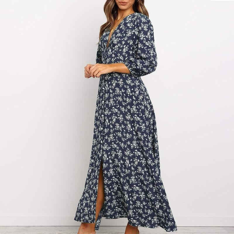 Floral Lantern Sleeve V-Neck Chiffon Midi Dress - MomyMall