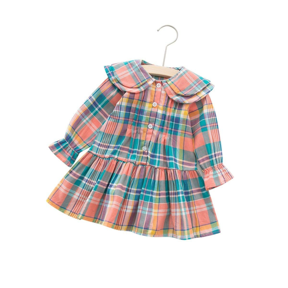 Girls Casual Rainbow with Plaid Printing Cotton Dress 1-6 Years - MomyMall