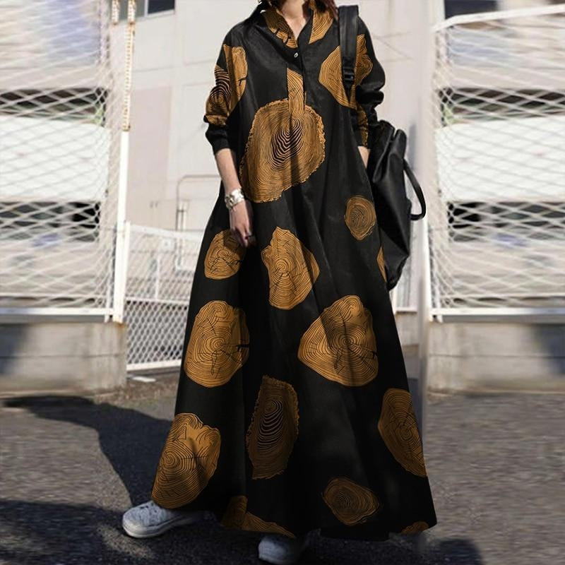 Printed Oversized Long Sleeve Maxi Shirt Dress - Plus Size Dress - MomyMall BROWN / S