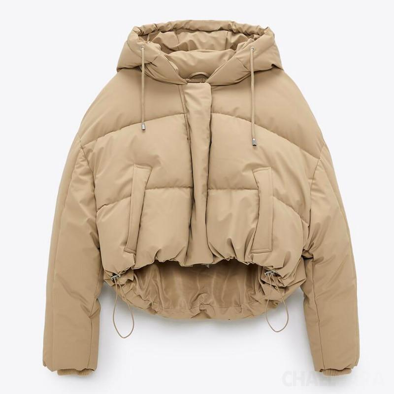 Zip Up Hooded Puffer Crop Coat With Drawstring Hem