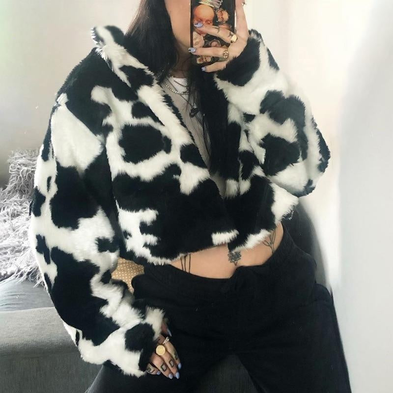 Faux Fur Cow Print Crop Coat