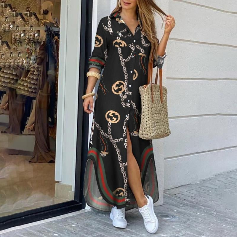 Split Hem Plus Size Long Sleeve Printed Maxi Shirt Dress