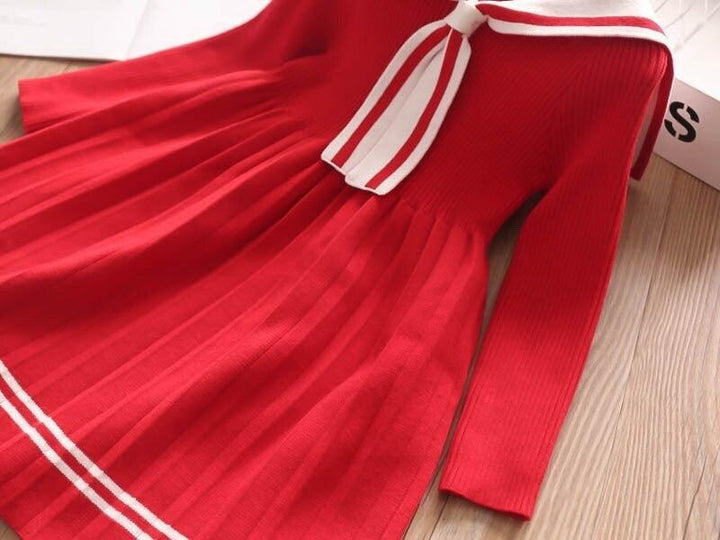 Girls Dress Cartoon Rabbit Sailor Collar New Knitted Preppy Dress 2-10 Years - MomyMall