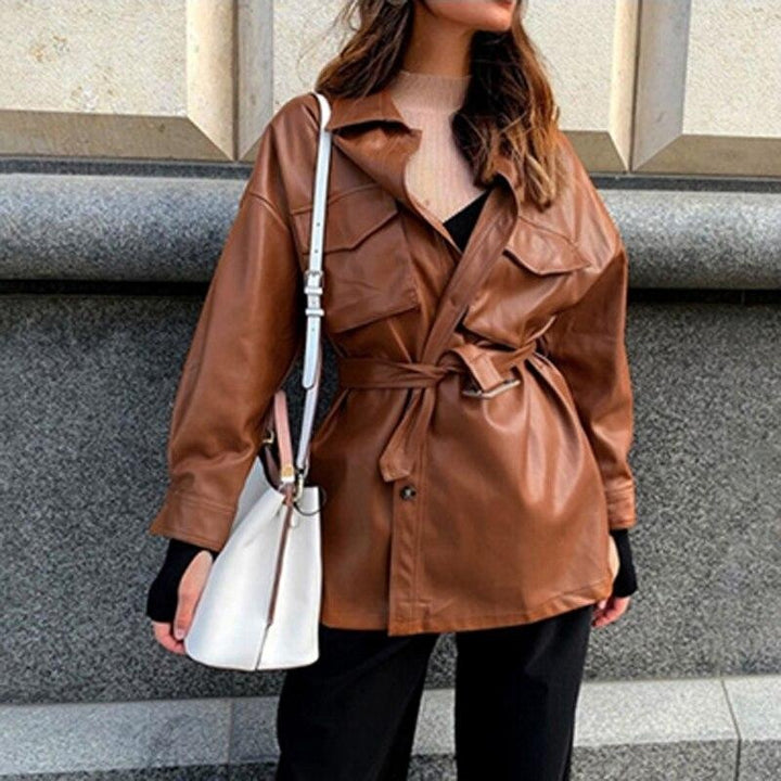 Button Up PU Leather Belted Jacket