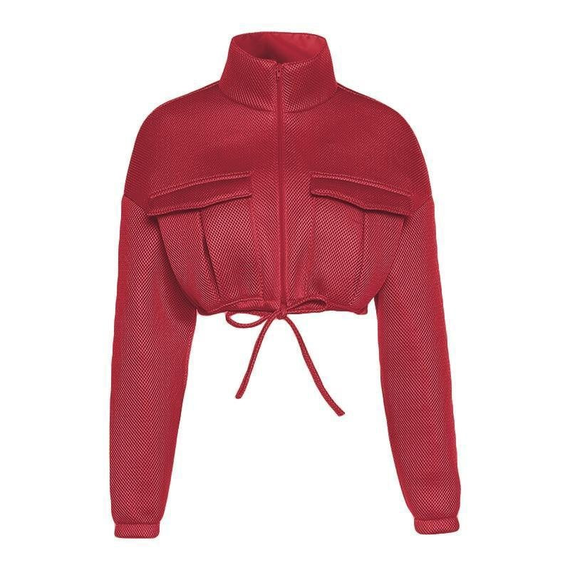 Turtleneck Drawstring Zip Crop Jacket - Utility Puffer Jacket