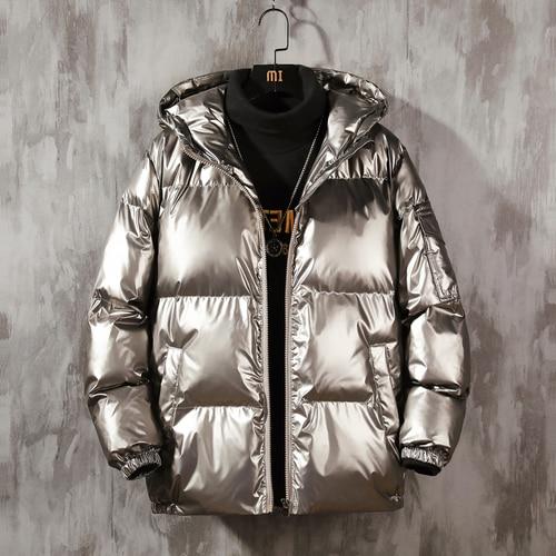 Glänzende Metallic-Pufferjacke in Übergröße mit Kapuze