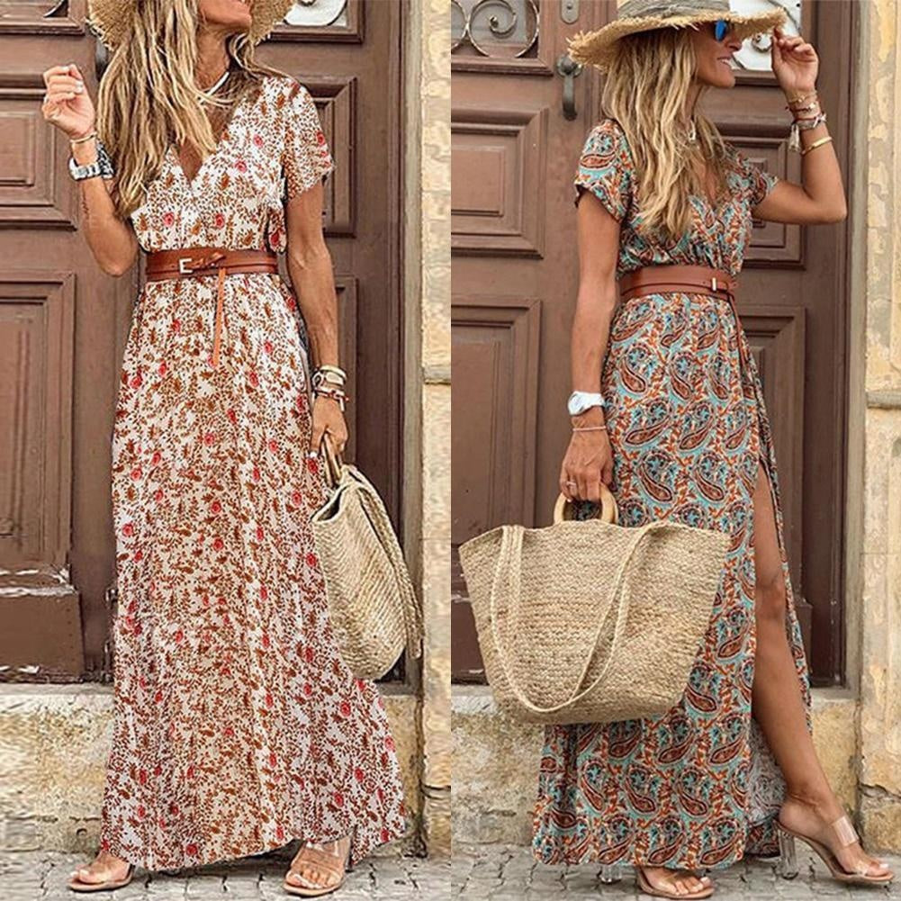 Short Sleeve Paisley Print Belted Maxi Dress With Belt & Side Split