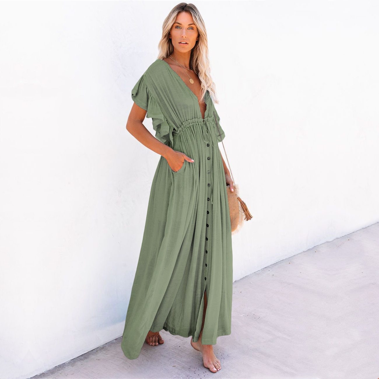 V-Neck Button Through Smock Dress - Casual Maxi Dress