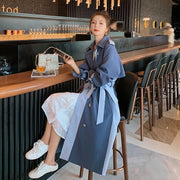 Belted Contrast Double-Breasted Long Trench Coat