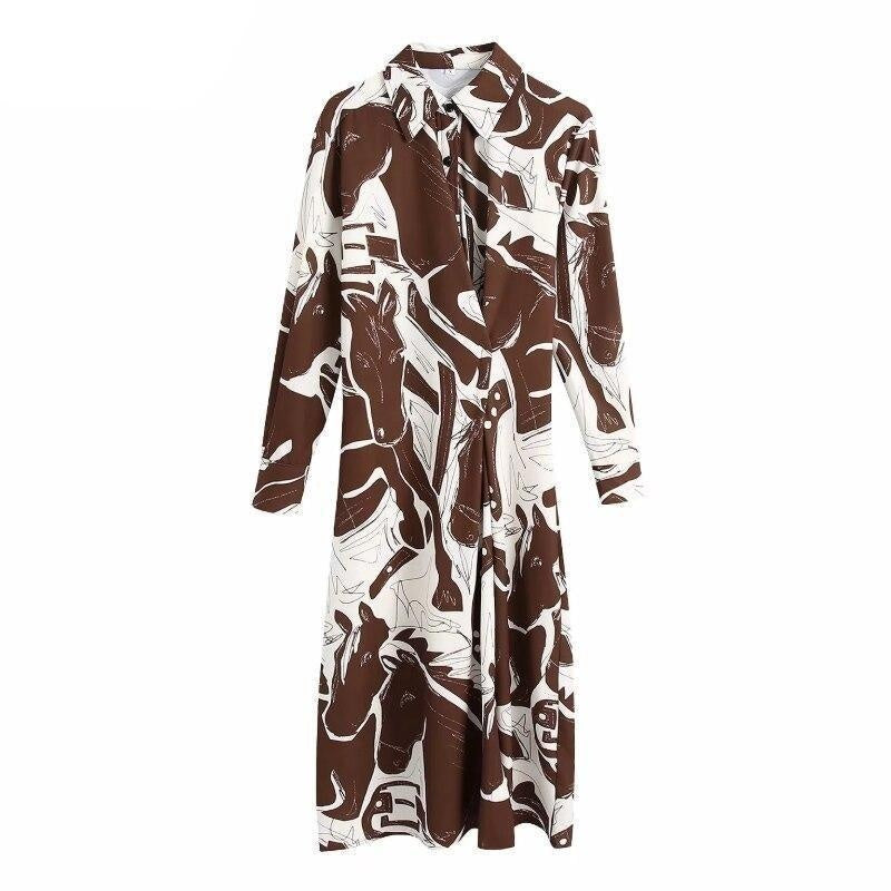 Printed Button Trough Long Sleeve Midi Dress