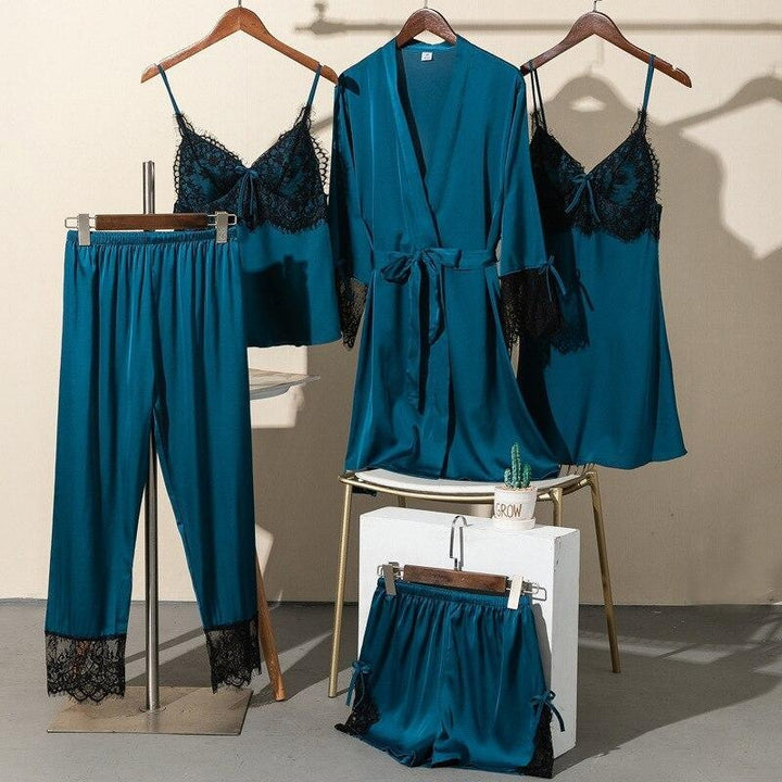 5 Piece Lace Trim Pyjama Set With Self Tie Robe - MomyMall BLUE / S