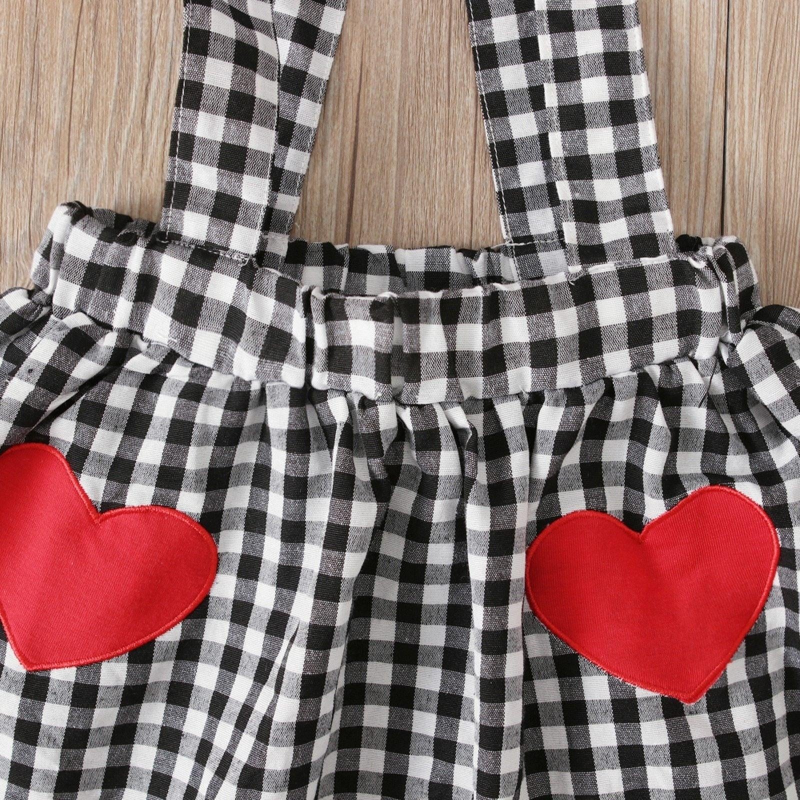 Baby Girls Valentine Ruffle Tops+Suspender Heart Plaid Skirts 2pcs - MomyMall