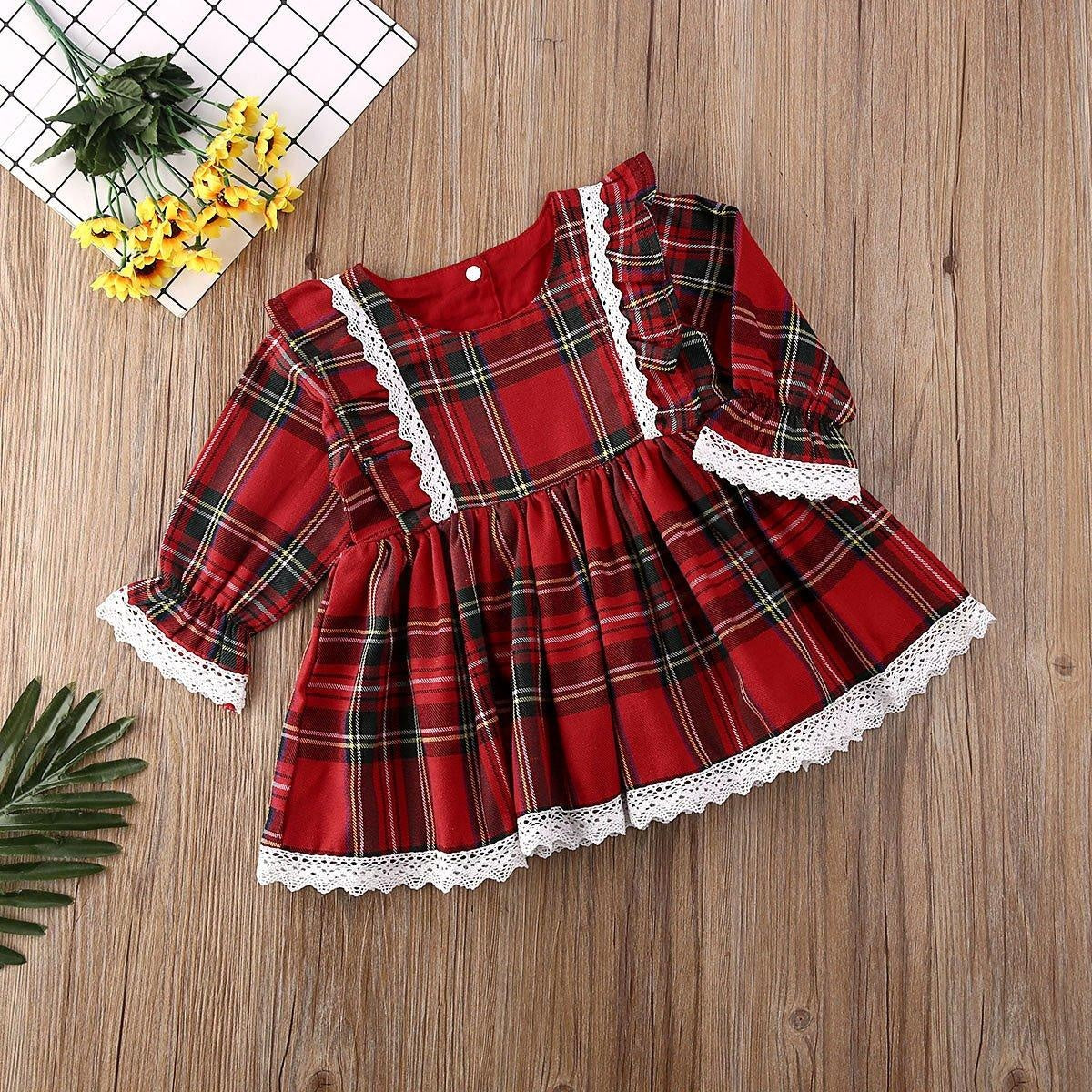 Toddler Kids Baby Girl Princess Red Plaid Ruffles Lace Tutu Dresses 1-6Y - MomyMall