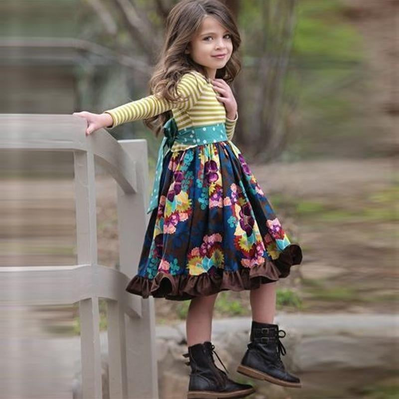 Girls Spring Autum Dress Kids Flower Pastoral Striped Dresses 3-12 Years - MomyMall