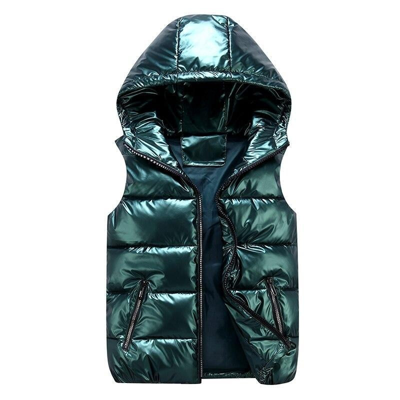 High Shine Puffer Gilet With Hood