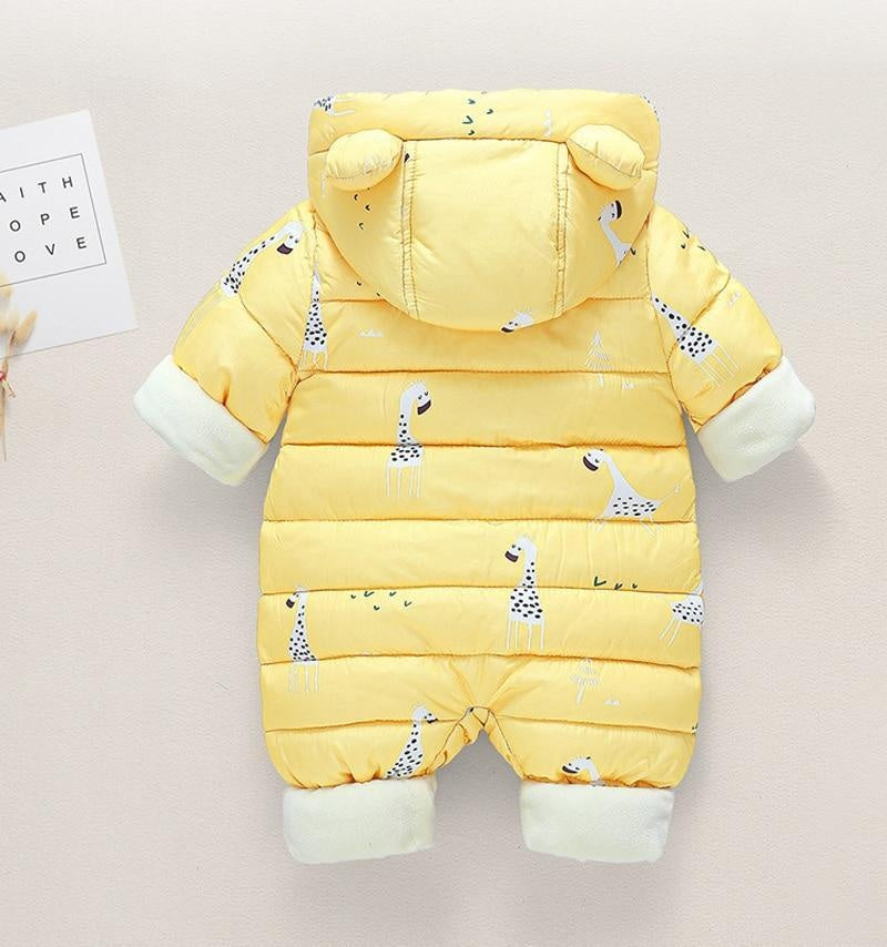 Newborn Infant Jumpsuit Warm Flannel Rompers Printed Hooded Outerwear - MomyMall