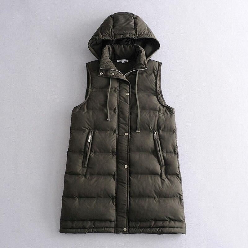 Mid-Thigh Hooded Puffer Vest - Warm Puffer Gilet