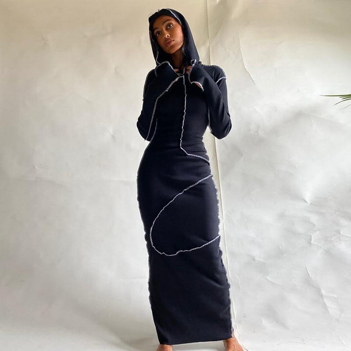 Long Sleeve Plus Size Hooded Bodycon Maxi Dress - MomyMall BLACK / XS