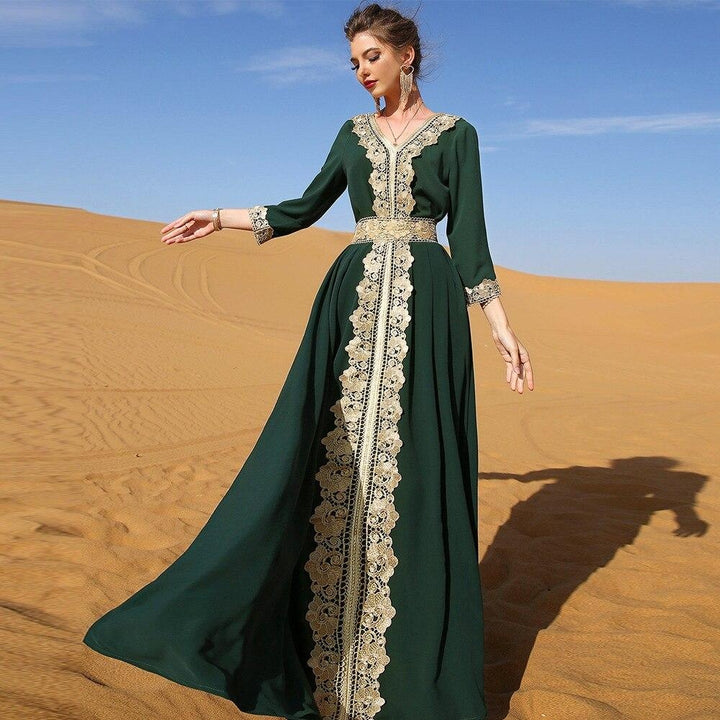 Morocco Caftan Embroidered Vintage - MomyMall green dress / S / China