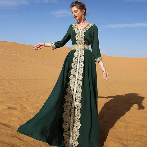 Morocco Caftan Embroidered Vintage - MomyMall green dress / S / China