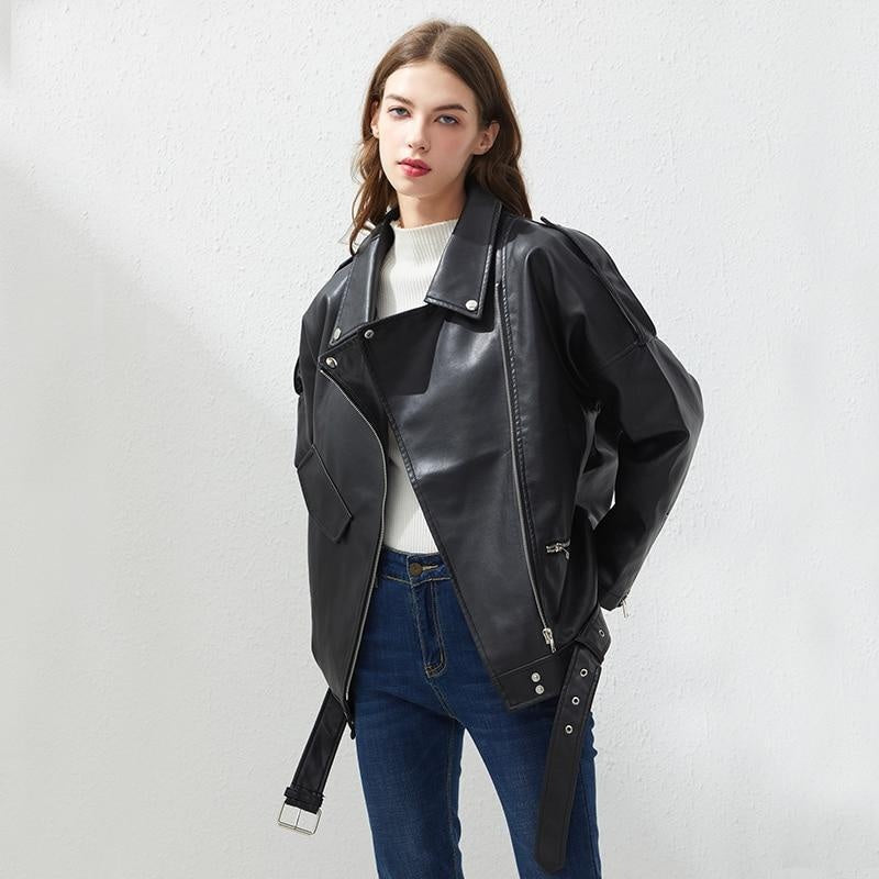 Faux Leather Oversized Biker Jacket With Belt