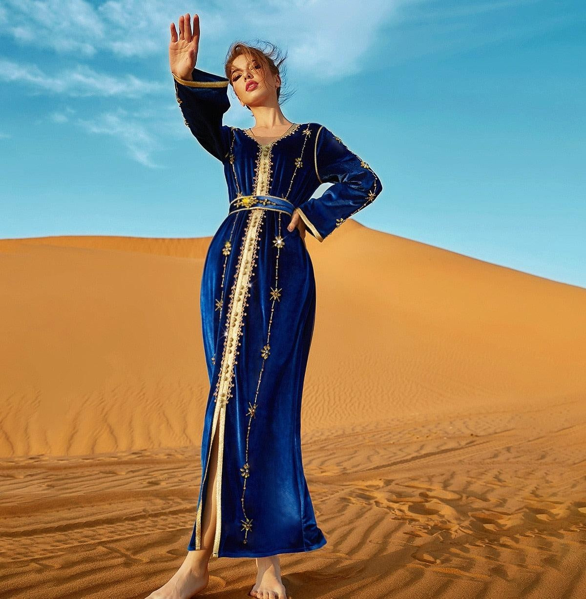 Luxury Morocco Caftan V Neck Long Royal Blue - MomyMall